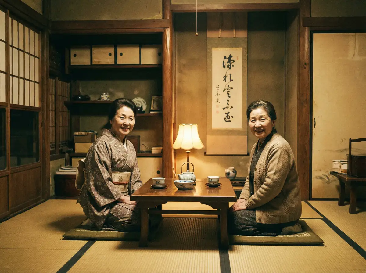两位优雅的 一起草 在日式茶室中品茶交谈